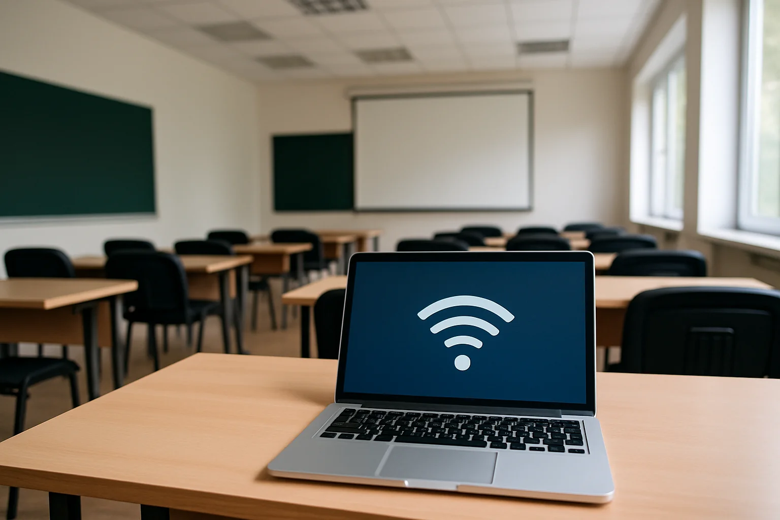 Arbeitsplatz mit Laptop und WLAN als Beispiel für IT-Betreuung kleiner Unternehmen in Hannover